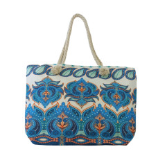 Τσάντα Θαλάσσης Im Linen Ehnic Λευκή Με Μπλέ Σχέδια 52x38x15cm