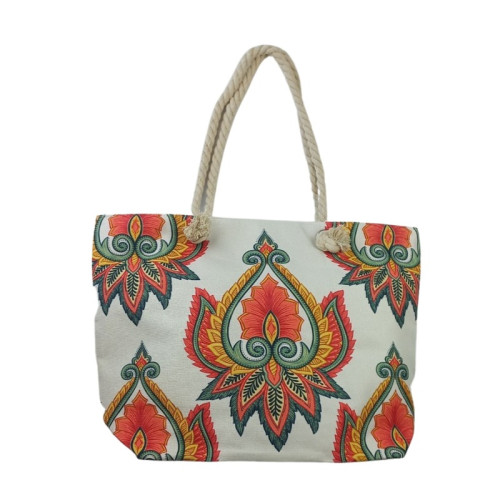 Τσάντα Θαλάσσης Im Linen Lotus Flower Λευκή Με Σχέδια 52x38x15cm