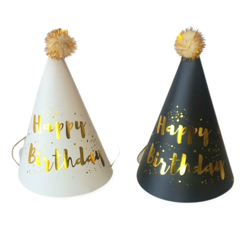 Καπέλα Χάρτινα Λευκα/Μαυρα Happy Birthday 17cm