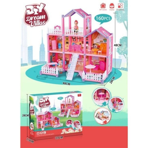 Κουκλόσπιτο DIY 3όροφο Με 2 Φιγούρες & Αξεσουάρ 160τμχ